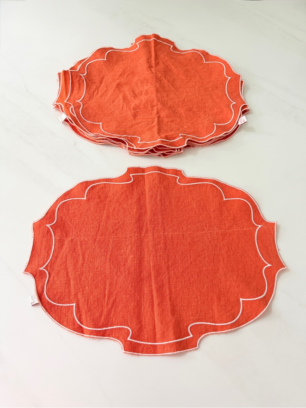 Linen cloud Placemats Italian Orange Scalloped handcrafted set of 8
